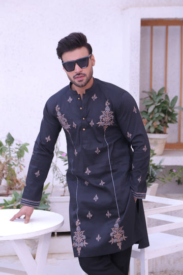 Black Color Embroidery Work Kurta Pajama For Men